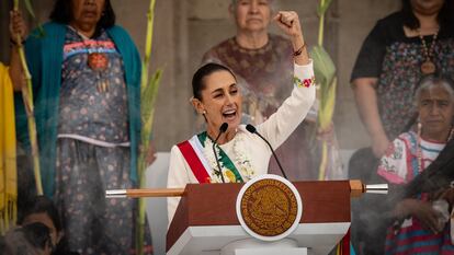 Claudia Sheinbaum gives a speech after taking over the presidential baton on October 1 in Mexico City.