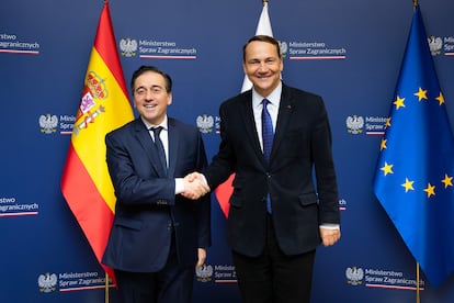 El ministro español de Exteriores, José Manuel Albares, y su homólogo polaco, Radoslaw Sikorski, en enero en Varsovia