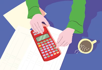 Ilustración de una persona con una calculadora.