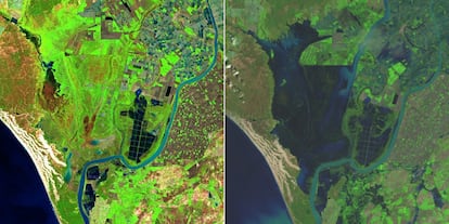 Vista aérea de Doñana; a la izquierda el 15 de enero y a la derecha el 19 de marzo.