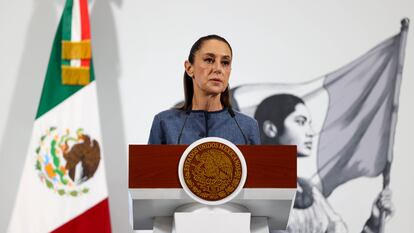 Claudia Sheinbaum durante la conferencia de prensa matutina, en Palacio Nacional.