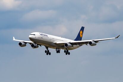 A commercial airplane during the landing phase.