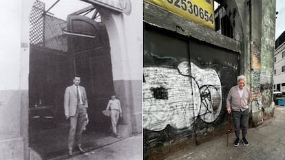 A la izquierda, Mario Vargas Llosa a la entrada del bar La Catedral de Lima a finales de la década de los 60; a la derecha, el autor frente al mismo edificio en noviembre de 2024.